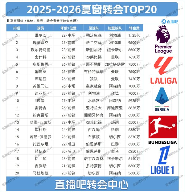 伊萨克行将刷新榜单！今夏TOP20转会：英超太跋扈，利物浦独秀