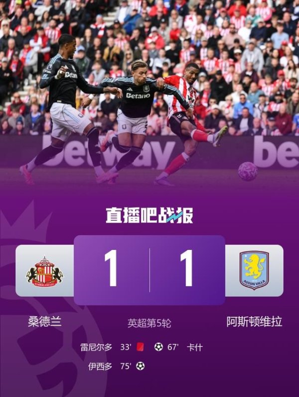 5轮0胜！维拉1-1十东谈主桑德兰 卡什打进维拉赛季首球 扎卡送助攻